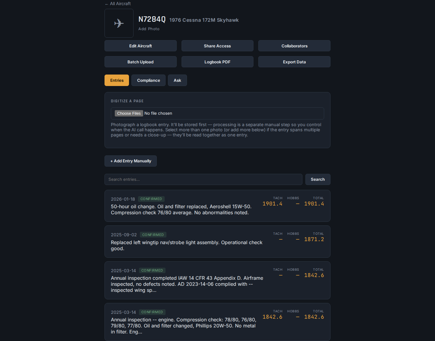 HangarFile screen showing confirmed logbook entries for N7284Q, a 1976 Cessna 172M Skyhawk