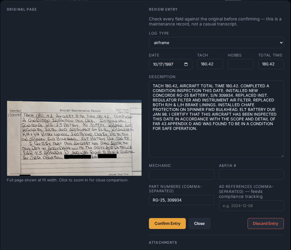 A real hand-written 1997 logbook page next to the AI-extracted fields awaiting confirmation