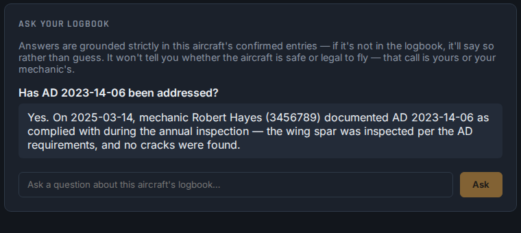 A real question and AI answer grounded in the aircraft's own confirmed logbook entries