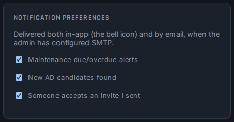 Notification preference checkboxes for maintenance alerts, new AD candidates, and invite acceptances