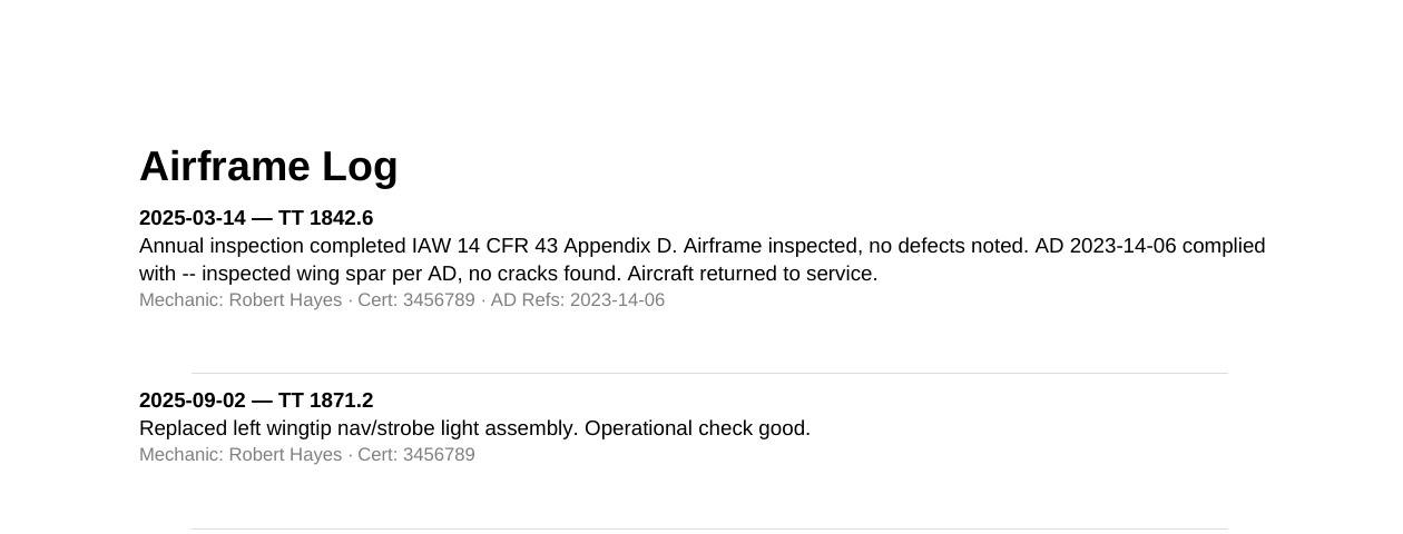 A page from a real generated logbook PDF, listing confirmed airframe entries