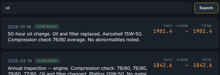 Searching an aircraft's logbook for 'oil' and getting real matching entries
